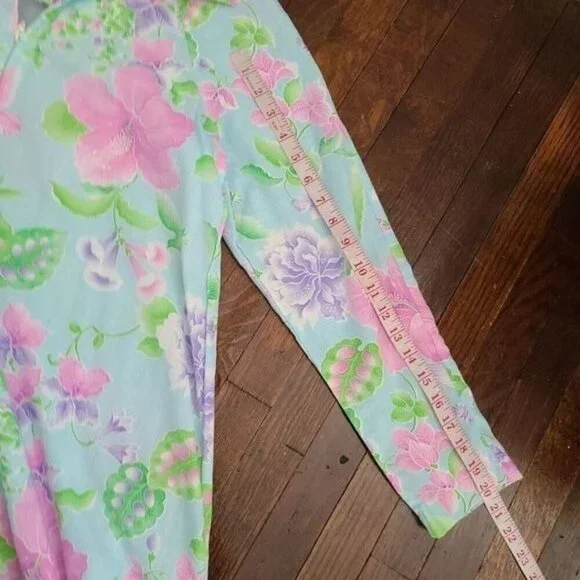 Vintage 70s Pastel Blue Hibiscus Long Sleeve Maxi Night Gown or Dress - Picture 9 of 12